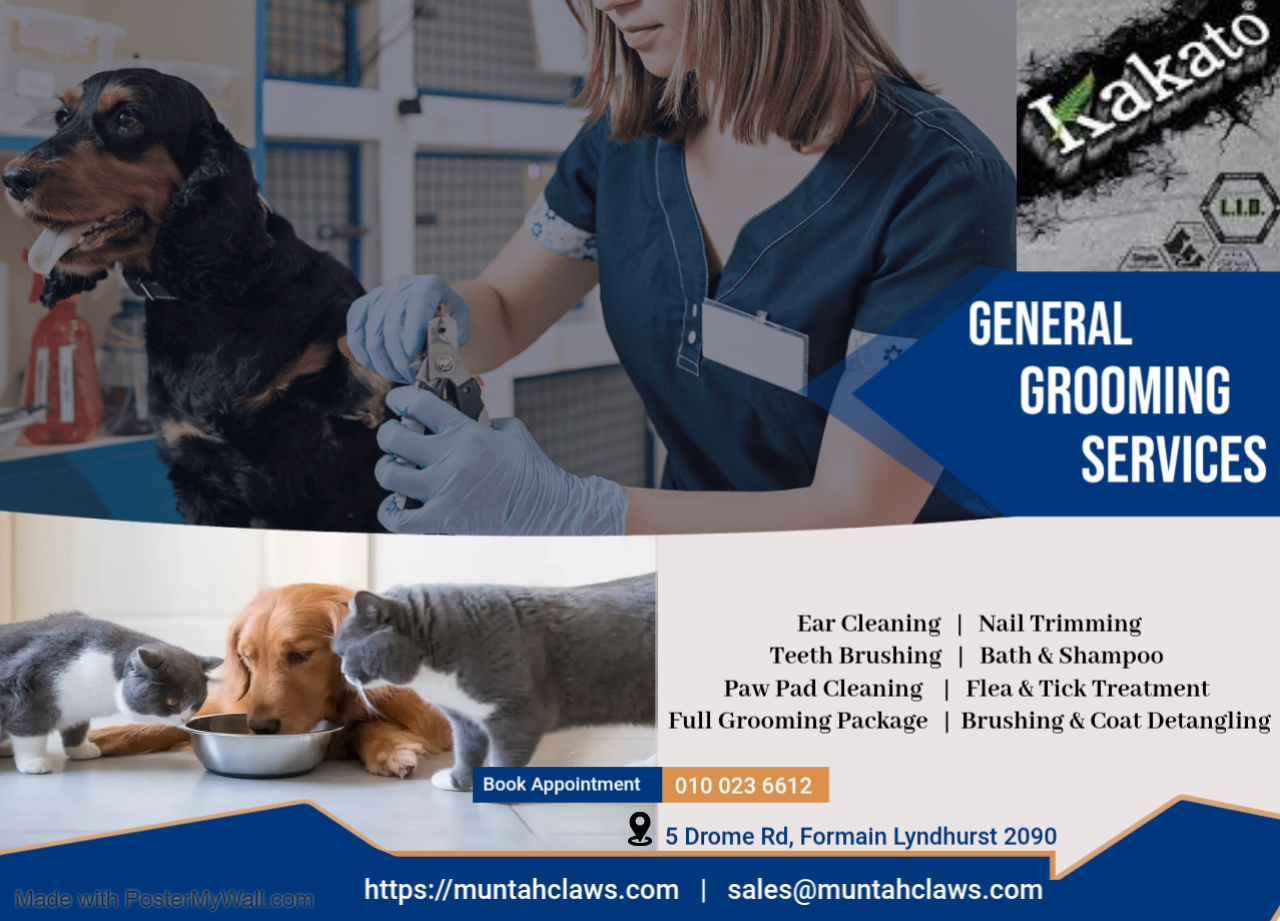 Pet Care Poster Muntah Claws Logo Muntah Claws Pet Shop and Groomig Services Offered in Johannesburg Gauteng